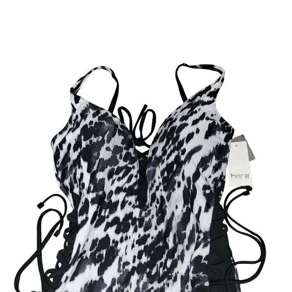 Bar III Women's Heat Wave One Piece Swimsuit Black Printed Lace-Up. Size Small. - Picture 6 of 8